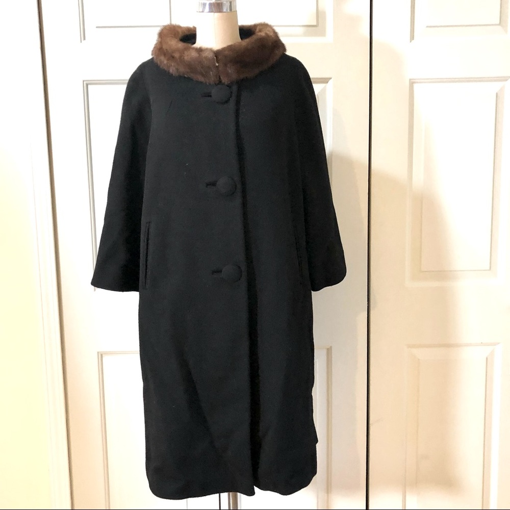 VTG 50s 60s Mink Collar Forstmann Bullocks Pasadena Lined Black Long Coat Size L